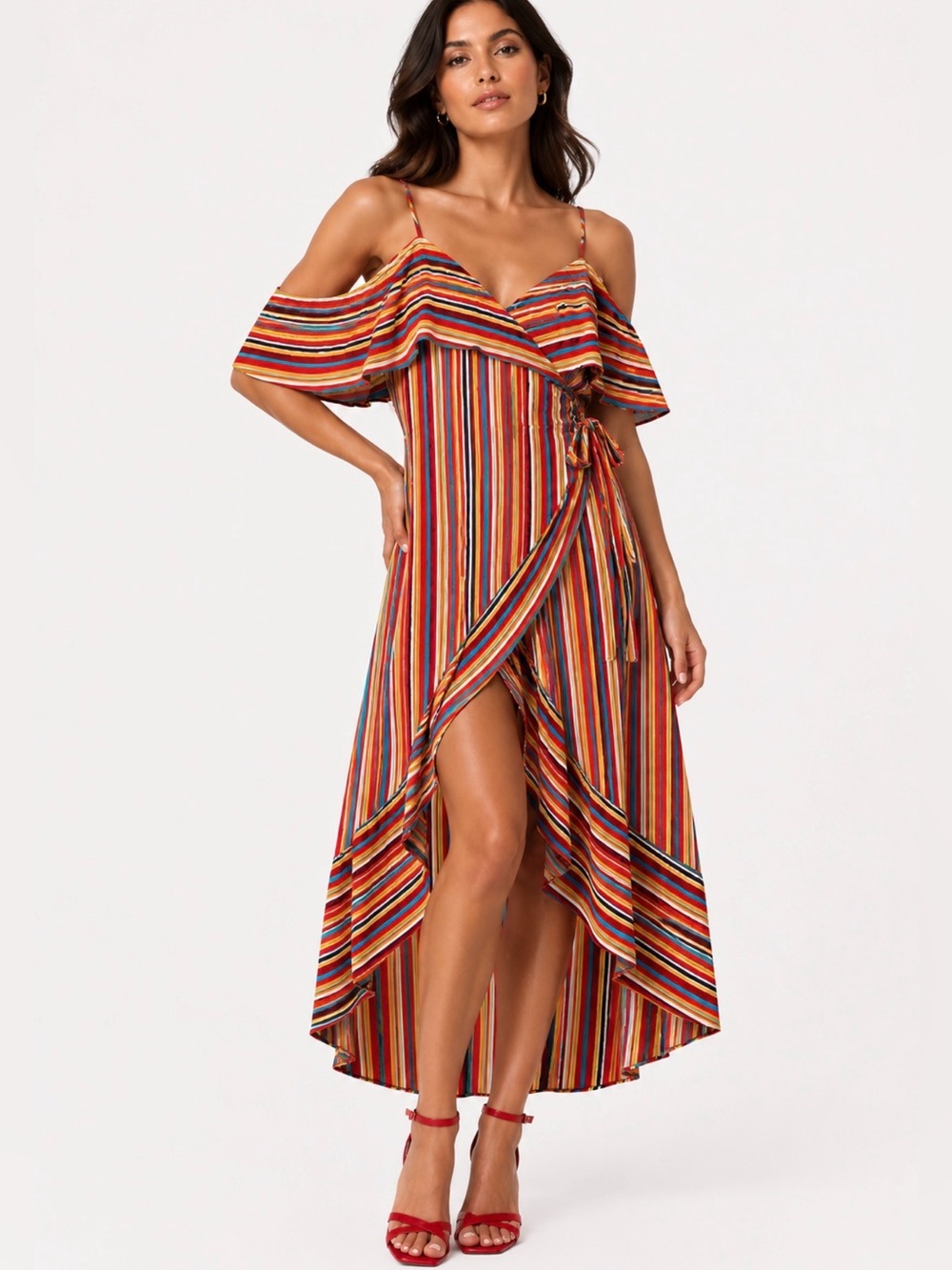 Jealous Tomato Multi Color Ruffle Hem Off Shoulder Wrap Boho Festive Dress Sz M